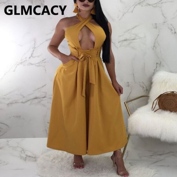 

halter backless belted jumpsuit wide leg pants overalls 210702, Black;white