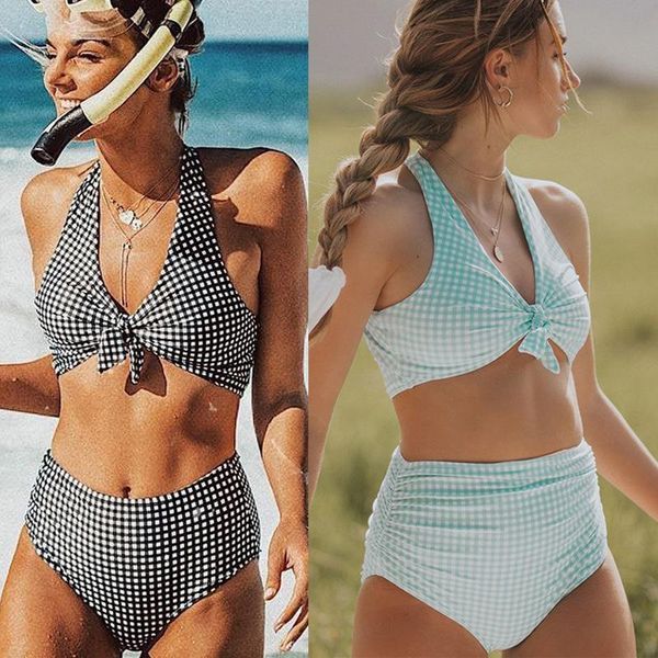 

women's swimwear high waist bikini 2021 women swimsuit plaid print push up split female summer beach swimming bathing suit monokini, White;black