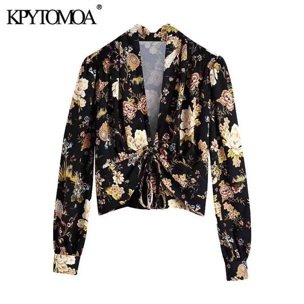 

women fashion floral print cropped blouses long sleeve adjustable tied female shirts blusas chic 210420, White