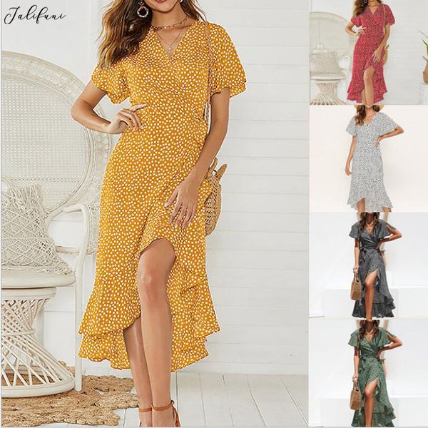 

summer casual chiffon ruffle dress women beach floral print boho flare sleeve split wrap long dresses vestidos fashion clothes 210415, Black;gray