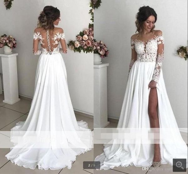 

exquisite lace chiffon a-line wedding dress 2021 sheer neck long sleeves side split sweep train back cover buttons country bridal gowns appl, White