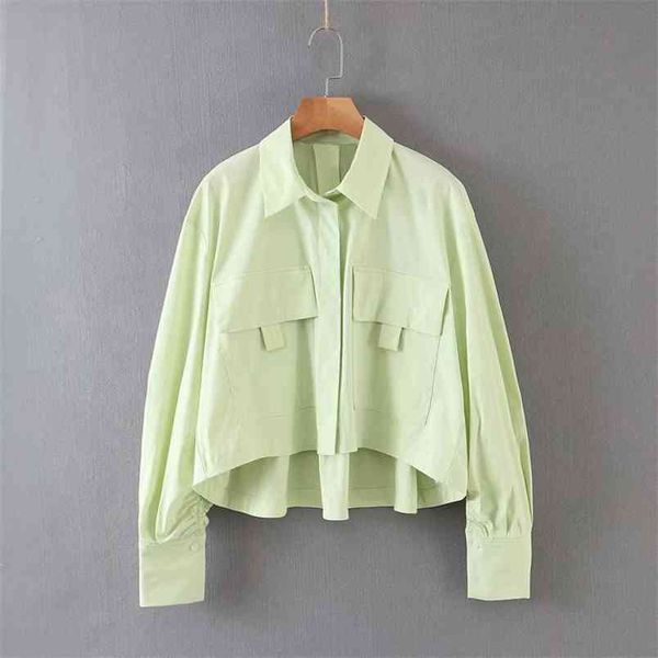 

women simply solid double pockets patch casual loose green blouse shirts chic office blusas irregular chemise ls6431 210420, White