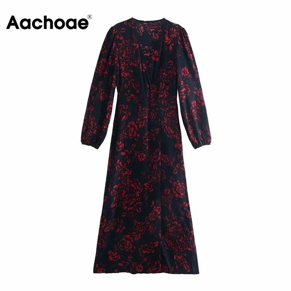 

aachoae women v neck vintage floral print long dresses elegant a-line maxi dress female long sleeve chic dress vestidos 210413, Black;gray