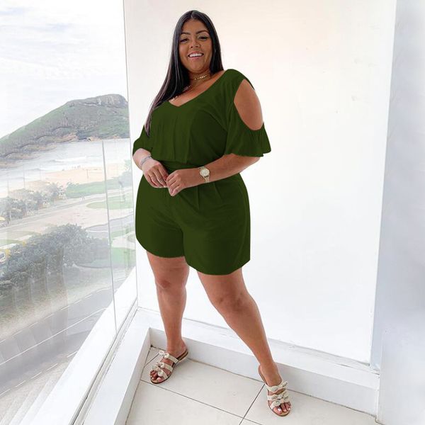 

women solid color plus size rompers fashion trend strapless v-neck shorts home playsuit designer summer female casual loose jumpsuits