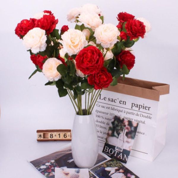 

1pcs 43cm long fake flowers bouquet beautiful red white silk roses branch artificial wedding home table decor arrange decorative & wreaths