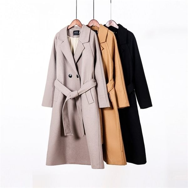 

fall wool coat women long jacket 50% ladies outwear double breasted 210421, Tan;black