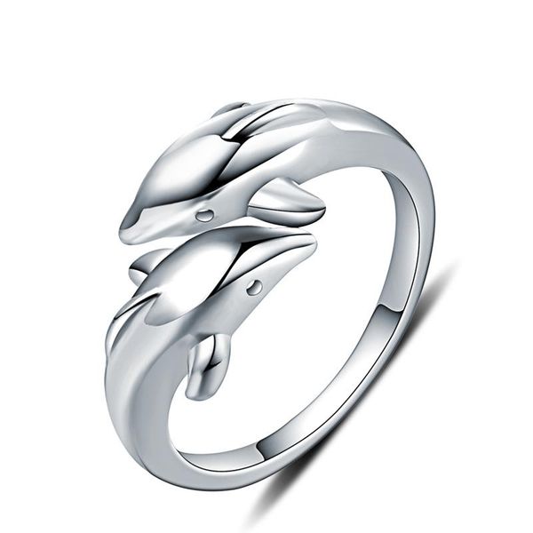

cluster rings double dolphin 925 silver color charm woman ring brand fashion jewelry, Golden;silver