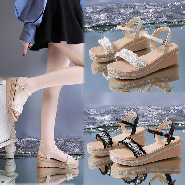 

dress shoes womail women ladies bohemian style shoe wedges causal sandals 2021 buckle strap sandalias de verano para mujer m30, Black