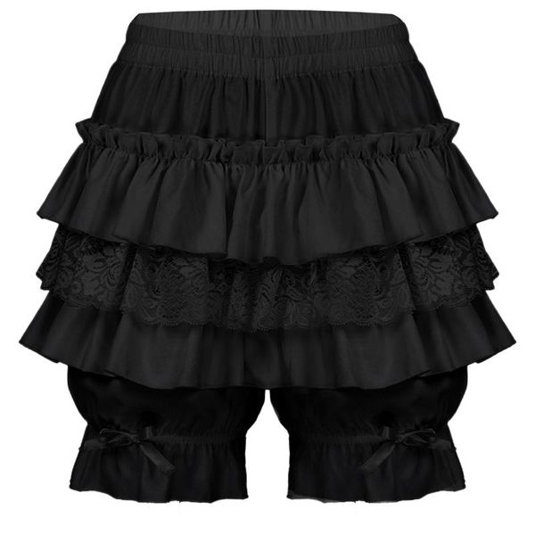 

women's shorts women lace trim layered ruffled lolita girls mid waist elastic waistband bowknot frilly bloomers cosplay bottom, White;black