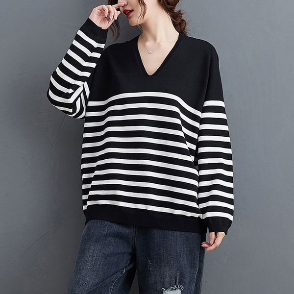 

women loose casual sweater new arrival autumn winter korean simple style v-neck striped female knitted pullovers s2343 210412, White;black