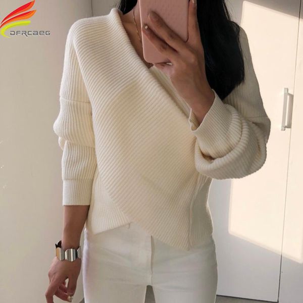 

women's sweaters 2021 winter clothes women and pullovers slash neck cross thicken warm knit sweater streetwear pull femme beige blue, White;black