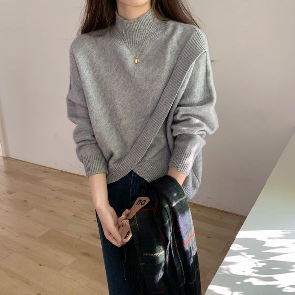 

stylish criss-cross knitted pullover sweater women winter long sleeve turtleneck korean fashion casual ladies jumpers 210518, White;black