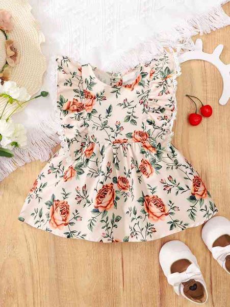 

baby allover floral print contrast lace ruffle trim dress she, Red;yellow
