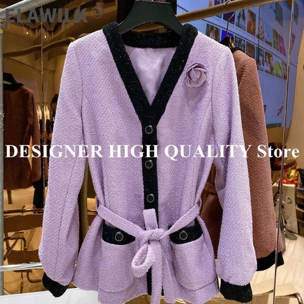 

women's wool & blends 2021 autumn side contrast stripe elegant sweet tweed jacket women flower decoration v-neck single breasted slim b, Black