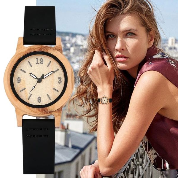 

wristwatches brown case wooden watch practical leather black strap watches small arabic numerals ultra-light wood clock women gifts, Slivery;brown