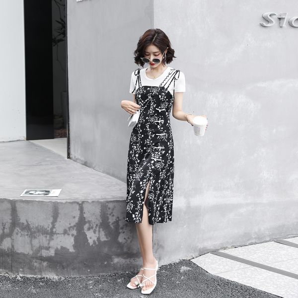 

luxury casual dresses french 2021 summer suspender skirt improved cheongsam two-piece floral medium length drs, Black;gray