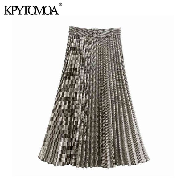 

women chic fashion office wear houndstooth pleated midi skirt vintage high waist with belt female skirts faldas 210416, Black