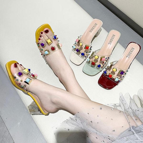 

slippers glitter slides shoes transparent women heels med pantofle rivet fashion jelly high 2021 luxury rome rubber pu fabric, Black