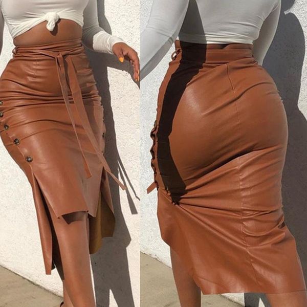

skirts women elengant high waist leather penci button wrapped mujer faldas solid femme bodycon split midi skirt, Black