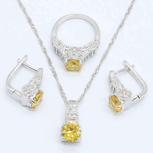 

earrings & necklace silver color jewelry sets for women yellow white zircon pendant hoop rings gift box