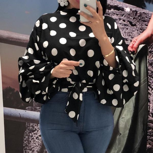 

spring autumn lady's dot printing o-neck shirts women casual full lantern sleeve lace-up loose blouse women's blouses &, White