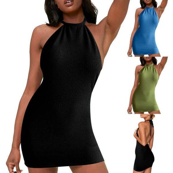 

women's swimwear summer knitted backless halter dress women high waist solid color sleeveless party night club bodycon dresses vestidos, White;black