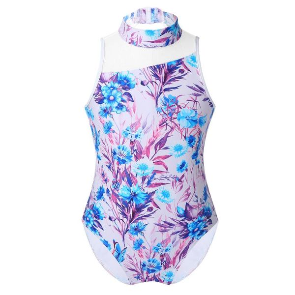 

kids girls children ballet dance leotard bodysuit sleeveless open back floral print jumpsuit for skating stage performance clothing sets, White