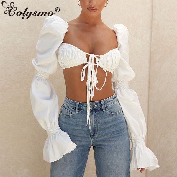 

colysmo crop women backless puff sleeve chest tie up summer casual vintage blusas long white blouse women's blouses & shirts