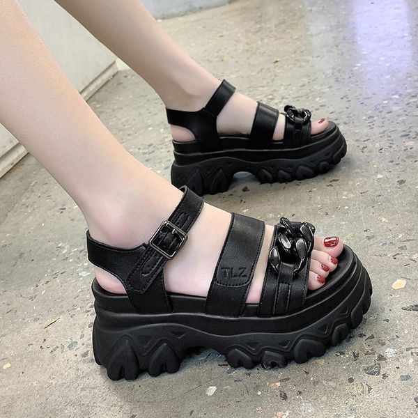

sandals women 2021 fashion platform thick heel gladiator open toe buckle strappy summer sandalias mujer, Black