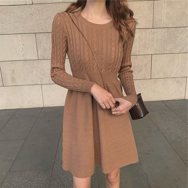 

casual dresses [ewq]2021 autumn jumper female loose round neck solid color long sleeve over knee minimalist knitting sweater dress 8d765, Black;gray