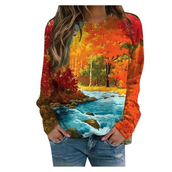 

women's hoodies & sweatshirts artistic oil painting forest print long sleeve women leisure abstract landscape jumper autumn pullover fe, Black