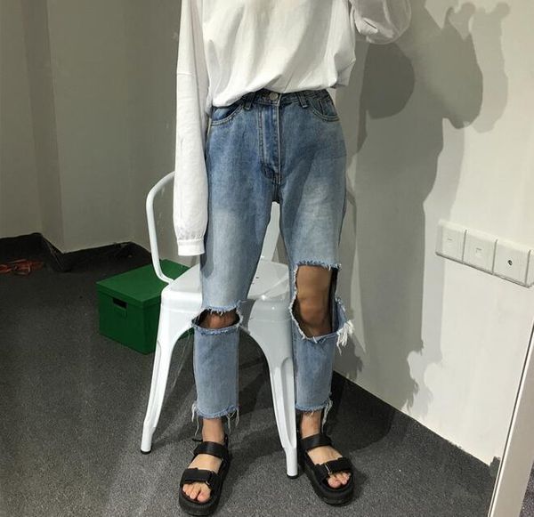 

Women's Jeans Ripped Hole High Waist Loose Femme Woman 7JS028 XEPH, Blue