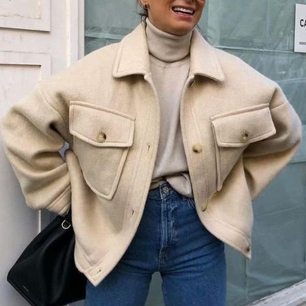 

women's wool & blends long-sleeved knit jacket wind pockets dropped shoulder women coat y2k leather coats elegant autumn winter female, Black