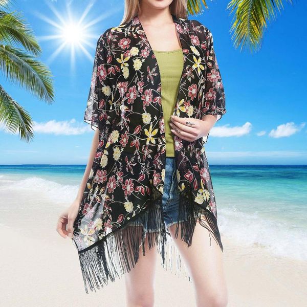 

women's swimwear 24 colors summer cardigan women floral kimono swim cover-ups female beach boho bathing bikini cover up outfits pareo, White;black