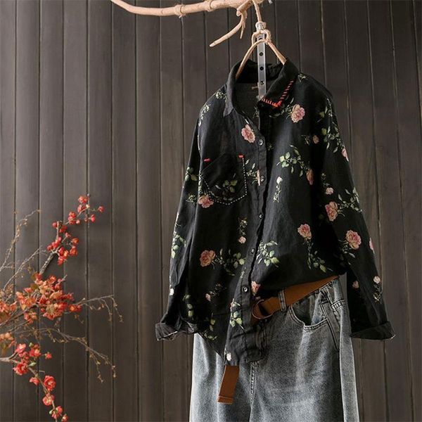 

women's blouses & shirts spring arts style women long sleeve loose turn-down collar shirt vintage print linen blouses femme, White