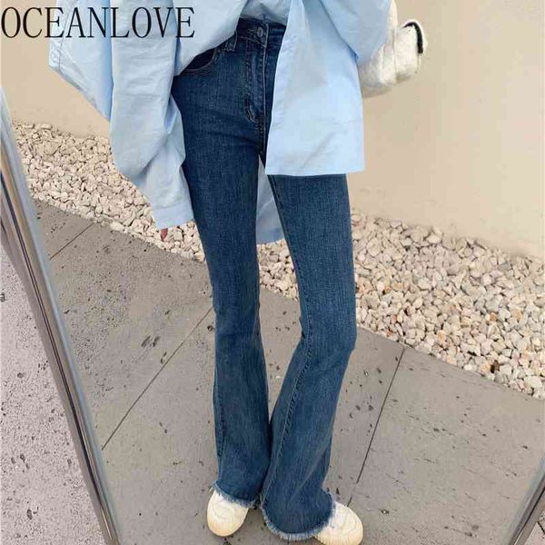 

flare sleeve pants women solid denim high waist spring autumn elegant slim full length jeans femme 210415, Blue