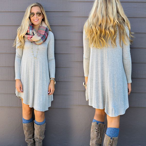 

fashion clothes women autumn winter dress female cotton o-neck long sleeve mini woolen dresses, Black;gray