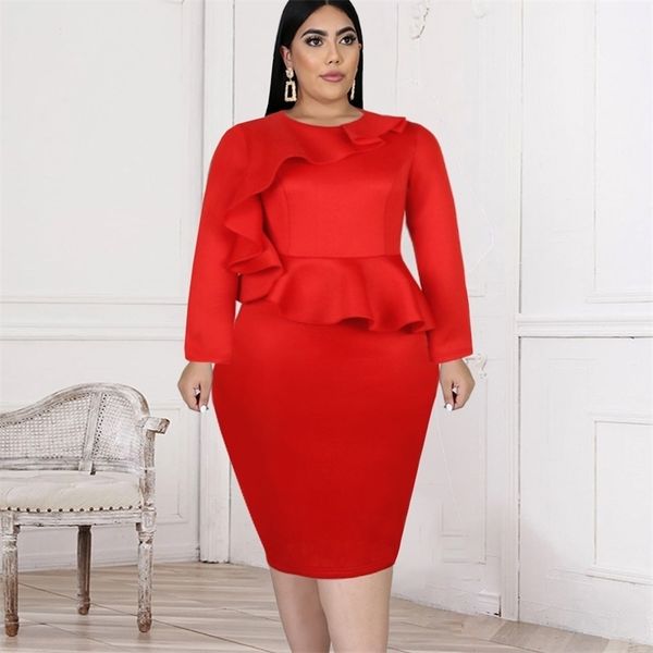 

long sleeve plus size dresses for ladies ruffles knee length bodycon office daily evening party gown dress women autumn 3xl 211106, Black