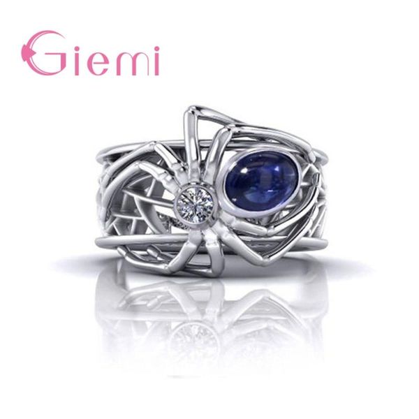 

creative 925 sterling silver animal spider ring unique punk blue austrian crystal cocktail for women wedding band jewelry cluster rings, Golden;silver