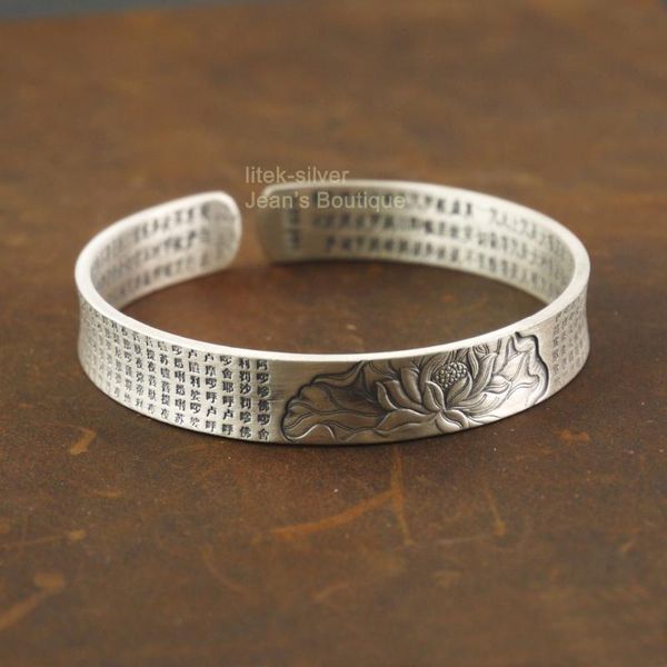 

solid sterling silver great compassion mantra heart sutra lotus bracelet a2742 bangle, Black