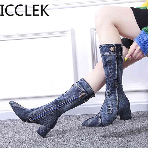 

jean boots women's mid calf boot zipper high heel woman stylish jeans boots ladies denim boot female shoes cowboy new 210428, Black