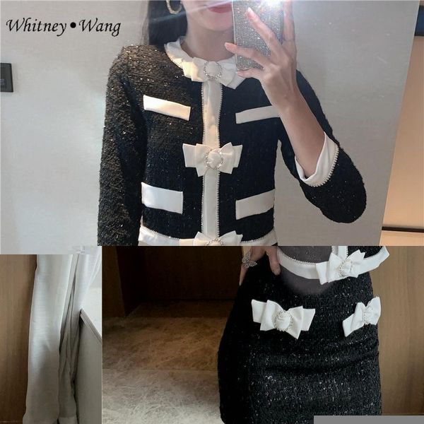 

women's tracksuits whitney wang 2021 autumn fashion 2 pieces colors contrast patchwork diamonds bow tweed coat and mini skirt suits wom, Gray