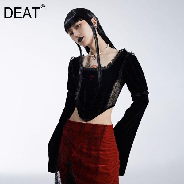 

women's t-shirt [deat] velvet detachable flared sleeve embroidered patchwork women square collar fashion tide 2021 spring gx18, White