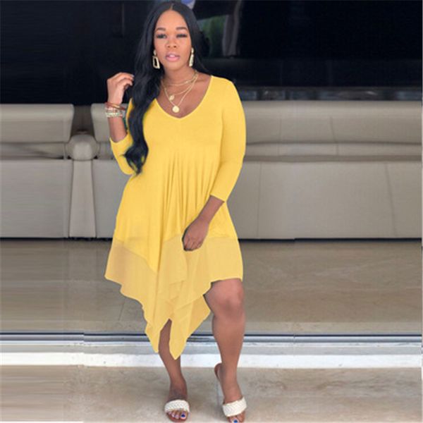 

women solid color dresses fashion trend v-neck long sleeve high waist plus size skirts designer summer female casual loose pullover dress, Black;gray