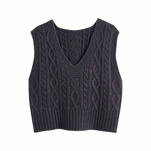 Vinatge Frau Grau V-ausschnitt Häkeln Weste Frühling Mode Damen Weiche Gestrickte Tank Weibliche Casual Ärmellose Strickwaren 210515