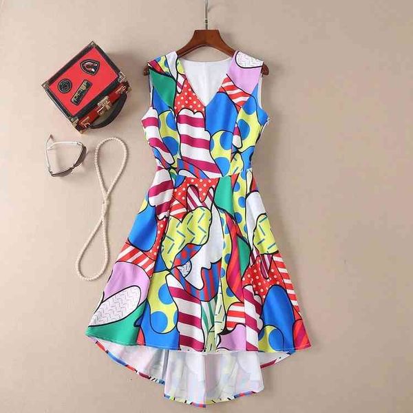 

street style dresses star same style high-quality sleeveless irregular v-neck waisted colorful printed dress fyp6, Black;pink