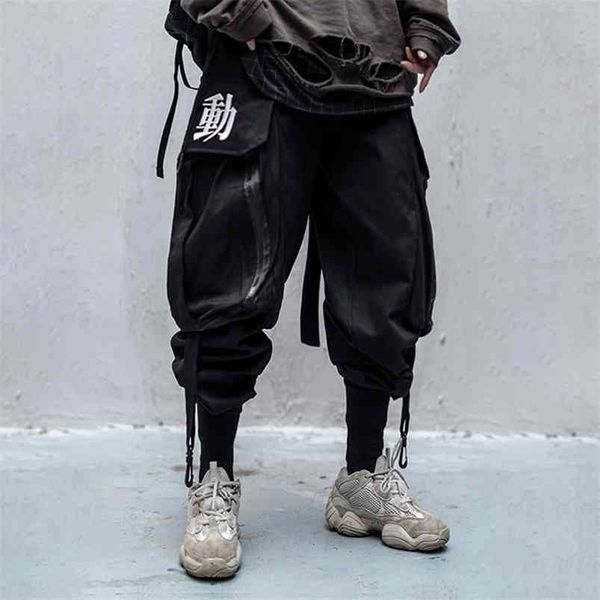 

big bag overalls ribbon male function tooling women/men's clothes harajuku hiphop cargo pants jogger leggings oversized lover 210715, Black