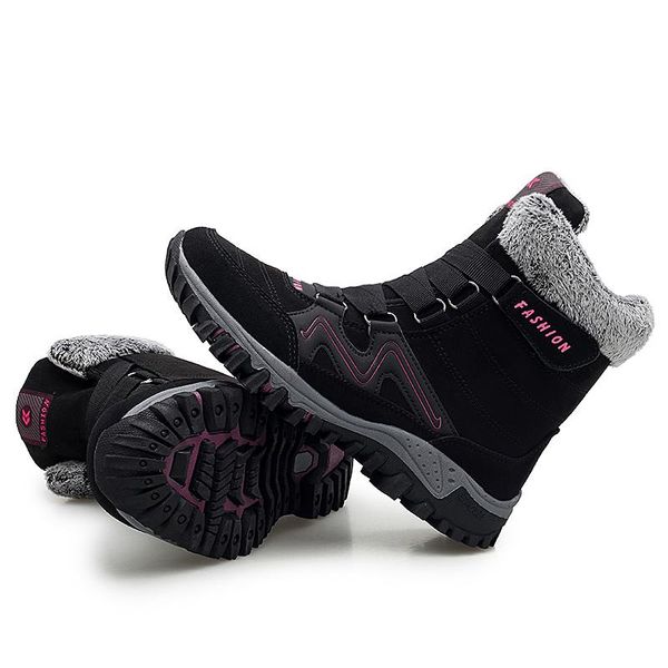 

boots winter plush super warm snow women leather waterproof comfortable work shoes high rubber ankle female, Black