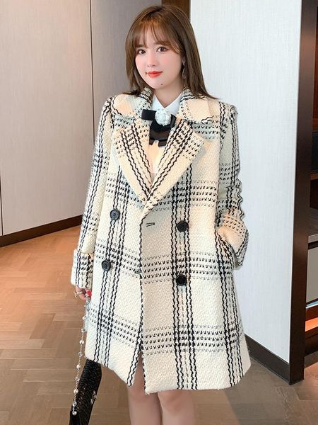 

suit lapel color contrast plaid loose medium length tweed coat women's winter plus sizes large size two piece pants, White