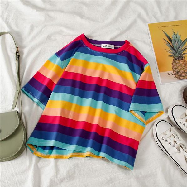 

women's t-shirt kpop summer t shirts women short-sleeved tee femme rainbow vintage harajuku slim streetwear ropa mujer camisetas cloth, White